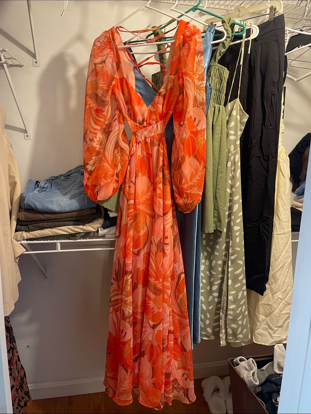 Floral Orange Puff-Sleeve Maxi Dress